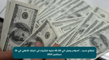 ارتفاع جديد.. الدولار يصل إلى 48.08 جنيه للشراء في البنك الأهلي في 26 سبتمبر 2025